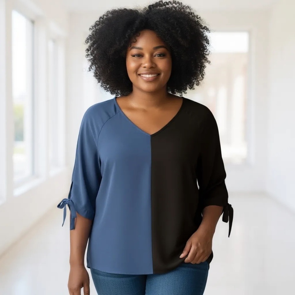 BLOOMCHIC 00 0X XL Half Black Half Blue Blouse W Bows R $29